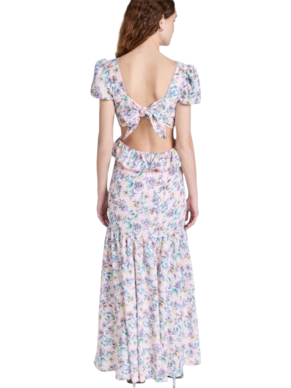 NEW Likely Shondra Floral Maxi Dress Puff Sleeve Cut-Out Tie Back Tiered